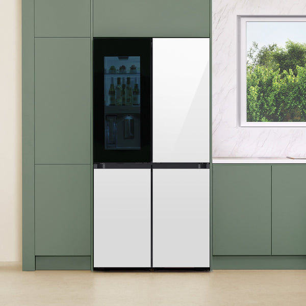 Samsung Bespoke Standard-Depth Beverage Center 28.6-cu ft 4 -Door Smart Compatible French Door Refrigerator with Dual Ice Maker with Water Dispenser and Door within Door ( White Glass ) ENERGY STAR Certified