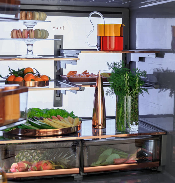 Cafe Counter-Depth 22.9-cu ft 4 -Door Smart Compatible French Door Refrigerator with Ice Maker with Water Dispenser ( Platinum Glass ) ENERGY STAR Certified