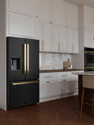 ZLINE KITCHEN & BATH Standard-Depth 28.9-cu ft 3 -Door French Door Refrigerator with Ice Maker with Water and Ice Dispenser ( Black Stainless Steel with Flat Polished Gold Handle ) ENERGY STAR Certified