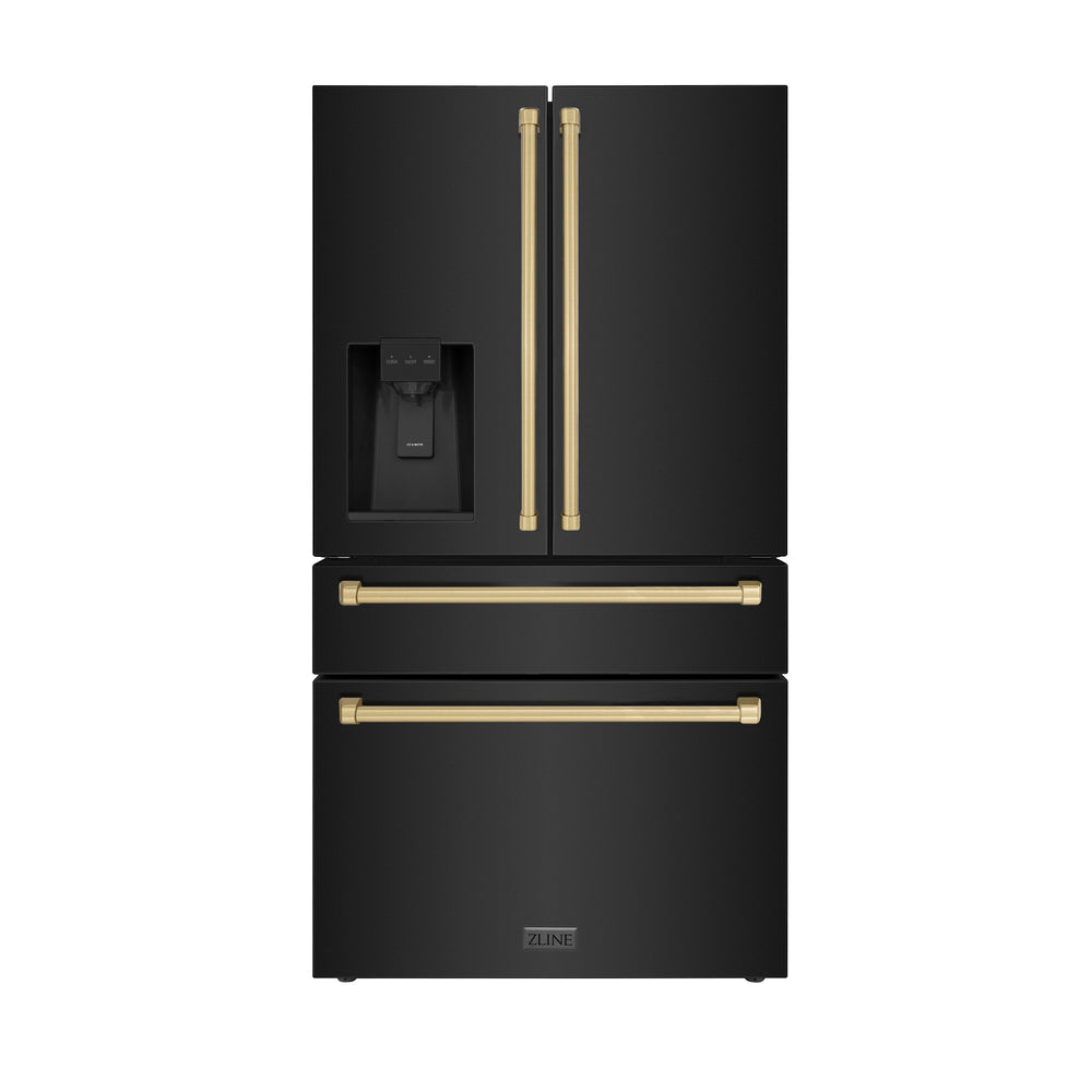 ZLINE KITCHEN & BATH Counter-Depth Autograph Edition 21.6-cu ft 4 -Door French Door Refrigerator with Ice Maker with Water Dispenser ( Fingerprint Resistant Black Stainless Steel with Champagne Bronze accent Handles ) ENERGY STAR Certified