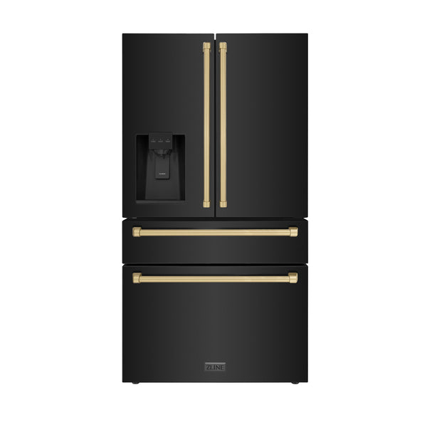 ZLINE KITCHEN & BATH Counter-Depth Autograph Edition 21.6-cu ft 4 -Door French Door Refrigerator with Ice Maker with Water Dispenser ( Fingerprint Resistant Black Stainless Steel with Champagne Bronze accent Handles ) ENERGY STAR Certified
