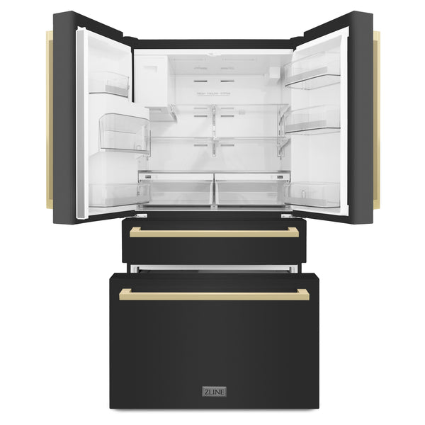 ZLINE KITCHEN & BATH Counter-Depth 22.5-cu ft 4 -Door Built-In French Door Refrigerator with Ice Maker with Water Dispenser ( Black Stainless Steel with Chamagne Bronze accent Handles ) ENERGY STAR Certified