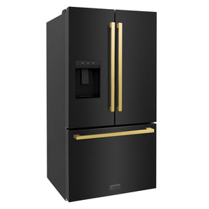 ZLINE KITCHEN & BATH Standard-Depth 28.9-cu ft 3 -Door French Door Refrigerator with Ice Maker with Water and Ice Dispenser ( Black Stainless Steel with Flat Polished Gold Handle ) ENERGY STAR Certified