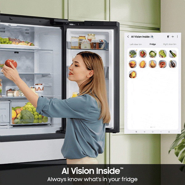 Samsung Bespoke Counter-Depth Family Hub 22.5-cu ft 4 -Door Smart Compatible French Door Refrigerator with Dual Ice Maker with Water Dispenser and Door within Door ( Charcoal Glass Top with Stainless Steel Bottom Panels ) ENERGY STAR Certified