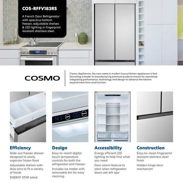 Cosmo Counter-Depth 17.5-cu ft 3 -Door French Door Refrigerator with Ice Maker ( Stainless Steel ) ENERGY STAR Certified