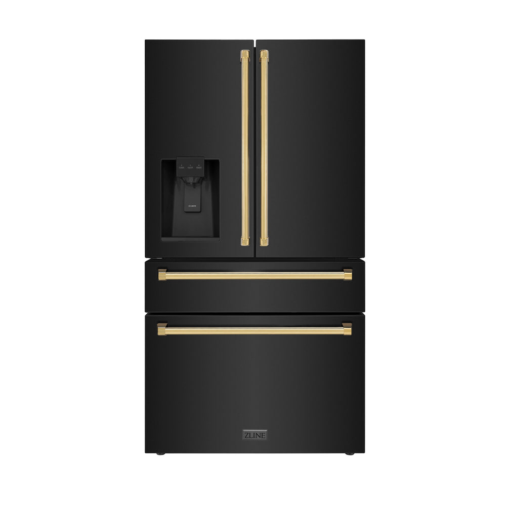 ZLINE KITCHEN & BATH Counter-Depth Autograph Edition 21.6-cu ft 4 -Door French Door Refrigerator with Ice Maker with Water Dispenser ( Fingerprint Resistant Black Stainless Steel with Polished Gold accent Handles ) ENERGY STAR Certified