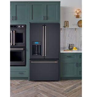 Cafe Standard-Depth 27.8-cu ft 3 -Door Smart Compatible French Door Refrigerator with Ice Maker with Water and Ice Dispenser ( Matte Black with Brushed Stainless Handles ) ENERGY STAR Certified