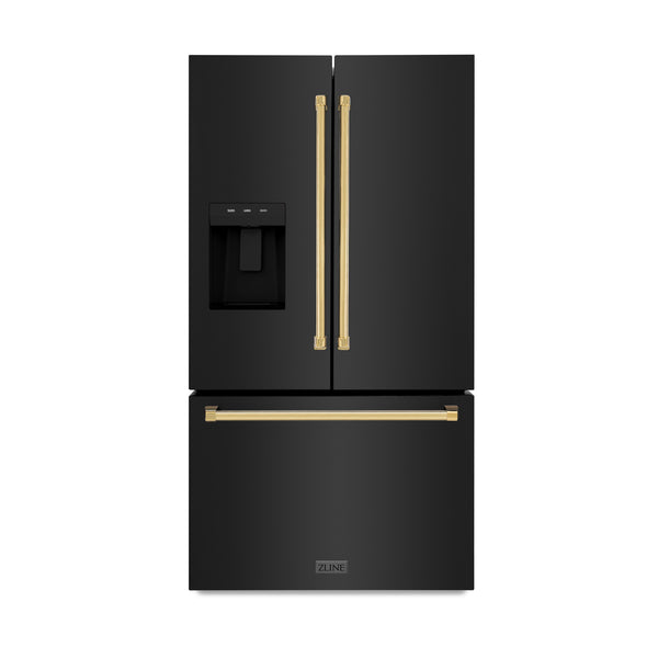 ZLINE KITCHEN & BATH Standard-Depth 28.9-cu ft 3 -Door French Door Refrigerator with Ice Maker with Water and Ice Dispenser ( Black Stainless Steel with Polished Gold Handle ) ENERGY STAR Certified
