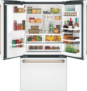 Cafe Standard-Depth 27.8-cu ft 3 -Door Smart Compatible French Door Refrigerator with Ice Maker with Water and Ice Dispenser ( Matte White with Brushed Bronze Handles ) ENERGY STAR Certified