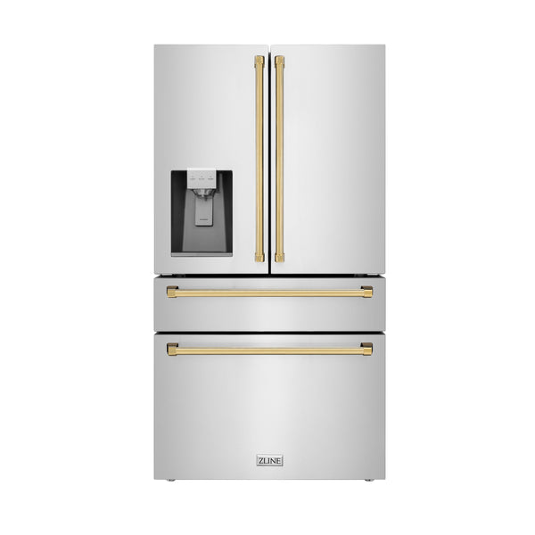 ZLINE KITCHEN & BATH Counter-Depth 21.6-cu ft 4 -Door French Door Refrigerator with Ice Maker with Water Dispenser ( Fingerprint Resistant Stainless Steel with Polished Gold accent Handles ) ENERGY STAR Certified
