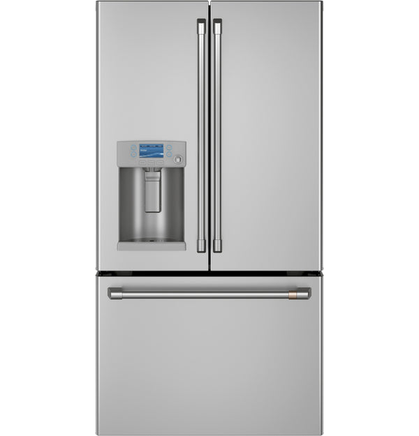 Cafe Standard-Depth Hot Water Dispenser 27.8-cu ft 3 -Door Smart Compatible French Door Refrigerator with Ice Maker with Water and Ice Dispenser ( Stainless Steel with Brushed Stainless Handles ) ENERGY STAR Certified