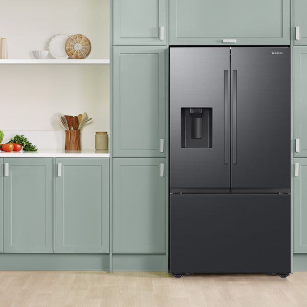 Samsung Standard-Depth Mega Capacity 30.5-cu ft 3 -Door Smart Compatible French Door Refrigerator Triple with Water and Ice Dispenser ( Matte Black Stainless ) ENERGY STAR Certified
