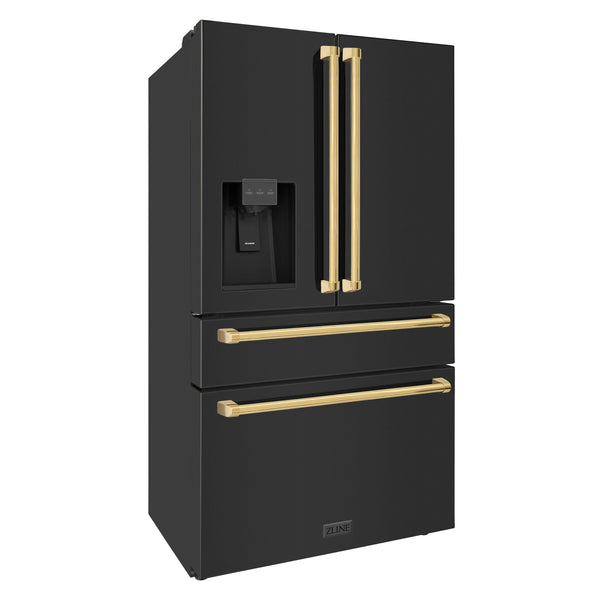 ZLINE KITCHEN & BATH Counter-Depth Autograph Edition 21.6-cu ft 4 -Door French Door Refrigerator with Ice Maker with Water Dispenser ( Fingerprint Resistant Black Stainless Steel with Polished Gold accent Handles ) ENERGY STAR Certified