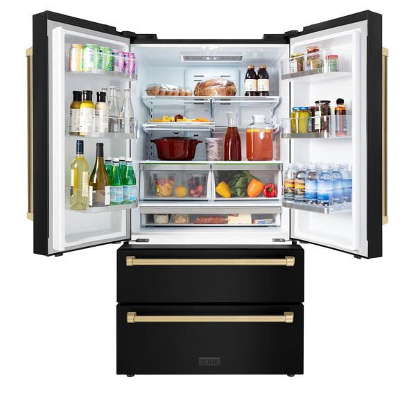 ZLINE KITCHEN & BATH Counter-Depth Autograph Edition 22.5-cu ft 4 -Door French Door Refrigerator with Ice Maker with Ice Dispenser ( Fingerprint Resistant Black Stainless Steel with Champagne Bronze accent Handles ) ENERGY STAR Certified
