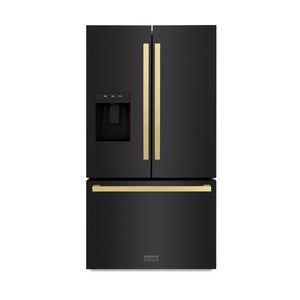 ZLINE KITCHEN & BATH Standard-Depth 28.9-cu ft 3 -Door French Door Refrigerator with Ice Maker with Water and Ice Dispenser ( Black Stainless Steel with Flat Champagne Bronze Handles ) ENERGY STAR Certified