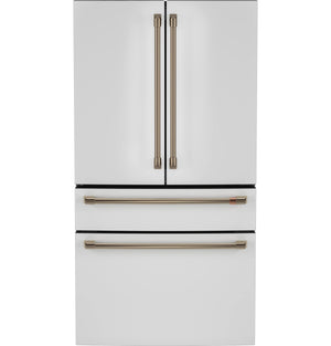 Cafe Standard-Depth Matte White with Brushed Bronze Handles 28.7-cu ft 4 -Door Smart Compatible French Door Refrigerator with Ice Maker with Water Dispenser ( Matte White ) ENERGY STAR Certified