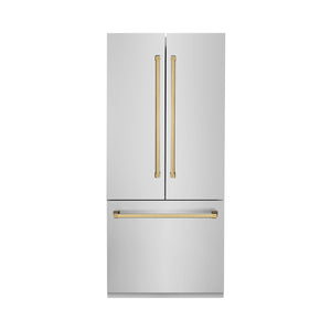 ZLINE KITCHEN & BATH Counter-Depth Autograph Edition 19.6-cu ft 3 -Door Built-In French Door Refrigerator with Ice Maker with Water Dispenser ( Stainless Steel with Polished Gold Handles ) ENERGY STAR Certified