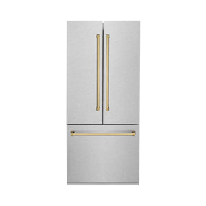 ZLINE KITCHEN & BATH Counter-Depth 19.6-cu ft 3 -Door Built-In French Door Refrigerator with Ice Maker with Water Dispenser ( Satin Stainless Steel, Polished Gold Handle ) ENERGY STAR Certified