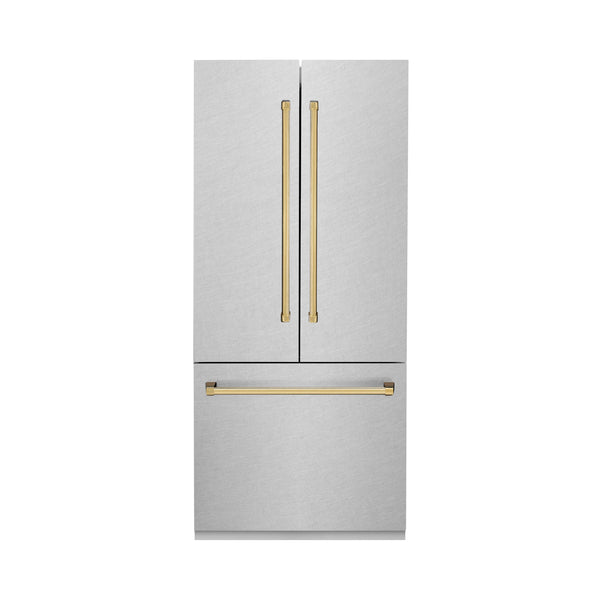 ZLINE KITCHEN & BATH Counter-Depth 19.6-cu ft 3 -Door Built-In French Door Refrigerator with Ice Maker with Water Dispenser ( Satin Stainless Steel, Polished Gold Handle ) ENERGY STAR Certified