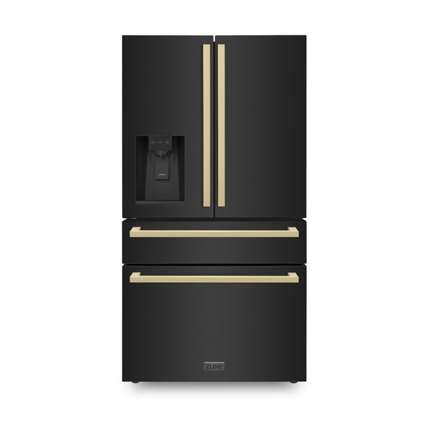 ZLINE KITCHEN & BATH Counter-Depth 22.5-cu ft 4 -Door Built-In French Door Refrigerator with Ice Maker with Water Dispenser ( Black Stainless Steel with Chamagne Bronze accent Handles ) ENERGY STAR Certified
