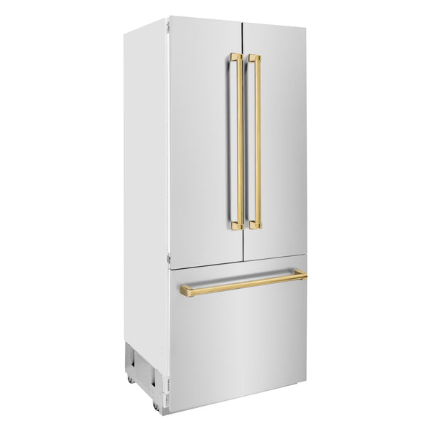 ZLINE KITCHEN & BATH Counter-Depth Autograph Edition 19.6-cu ft 3 -Door Built-In French Door Refrigerator with Ice Maker with Water Dispenser ( Stainless Steel with Polished Gold Handles ) ENERGY STAR Certified