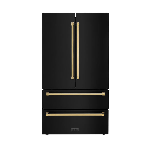 ZLINE KITCHEN & BATH Counter-Depth 22.5-cu ft 4 -Door French Door Refrigerator with Ice Maker with Ice Dispenser ( Fingerprint Resistant Black Stainless Steel with Polished Gold accent Handles ) ENERGY STAR Certified
