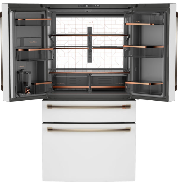 Cafe Standard-Depth Matte White with Brushed Bronze Handles 28.7-cu ft 4 -Door Smart Compatible French Door Refrigerator with Ice Maker with Water Dispenser ( Matte White ) ENERGY STAR Certified