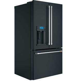 Cafe Standard-Depth 27.8-cu ft 3 -Door Smart Compatible French Door Refrigerator with Ice Maker with Water and Ice Dispenser ( Matte Black with Brushed Stainless Handles ) ENERGY STAR Certified