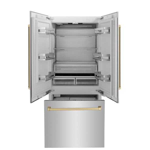 ZLINE KITCHEN & BATH Counter-Depth Autograph Edition 19.6-cu ft 3 -Door Built-In French Door Refrigerator with Ice Maker with Water Dispenser ( Stainless Steel with Champagne Bronze Handles ) ENERGY STAR Certified