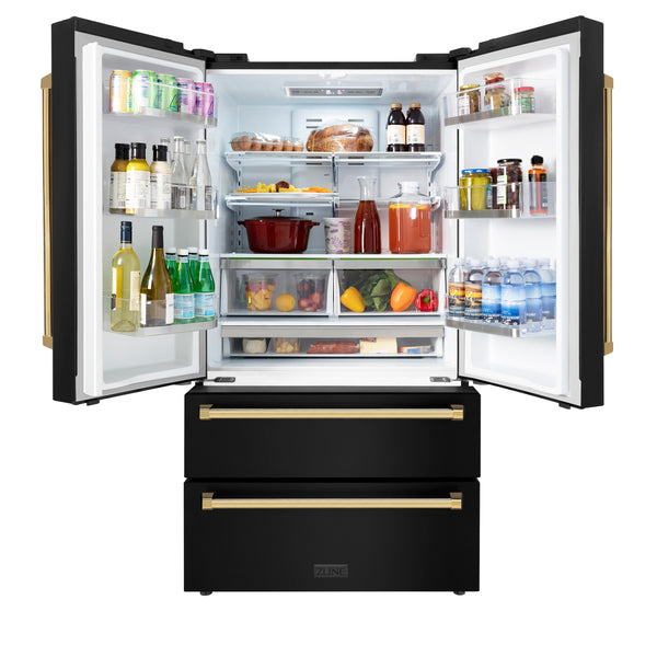 ZLINE KITCHEN & BATH Counter-Depth 22.5-cu ft 4 -Door French Door Refrigerator with Ice Maker with Ice Dispenser ( Fingerprint Resistant Black Stainless Steel with Polished Gold accent Handles ) ENERGY STAR Certified