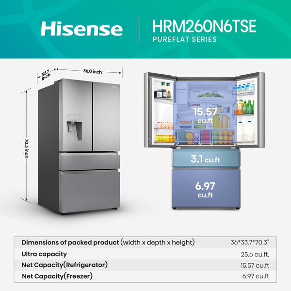 Hisense PureFlat Standard-Depth 25.6-cu ft 4 -Door Smart Compatible French Door Refrigerator with Ice Maker with Water and Ice Dispenser ( Stainless steel ) ENERGY STAR Certified