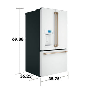 Cafe Standard-Depth 27.8-cu ft 3 -Door Smart Compatible French Door Refrigerator with Ice Maker with Water and Ice Dispenser ( Matte White with Brushed Bronze Handles ) ENERGY STAR Certified