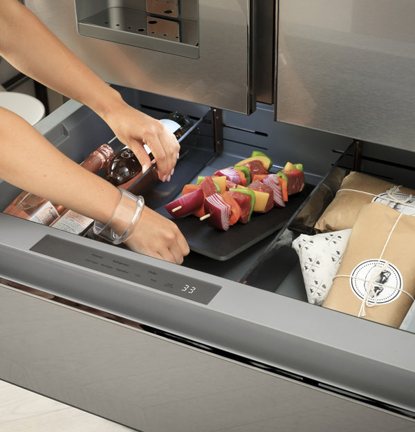 Cafe Counter-Depth 22.3-cu ft 4 -Door Smart Compatible French Door Refrigerator with Ice Maker with Water and Ice Dispenser ( Platinum Glass ) ENERGY STAR Certified