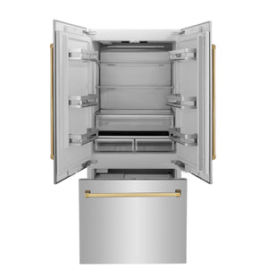 ZLINE KITCHEN & BATH Counter-Depth Autograph Edition 19.6-cu ft 3 -Door Built-In French Door Refrigerator with Ice Maker with Water Dispenser ( Stainless Steel with Polished Gold Handles ) ENERGY STAR Certified