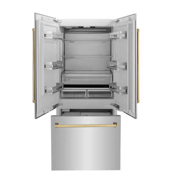 ZLINE KITCHEN & BATH Counter-Depth Autograph Edition 19.6-cu ft 3 -Door Built-In French Door Refrigerator with Ice Maker with Water Dispenser ( Stainless Steel with Polished Gold Handles ) ENERGY STAR Certified