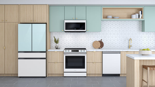 Samsung Bespoke Standard-Depth Beverage Center 28.8-cu ft 4 -Door Smart Compatible French Door Refrigerator with Dual Ice Maker with Water Dispenser and Door within Door ( Morning Blue with White Glass Panels ) ENERGY STAR Certified