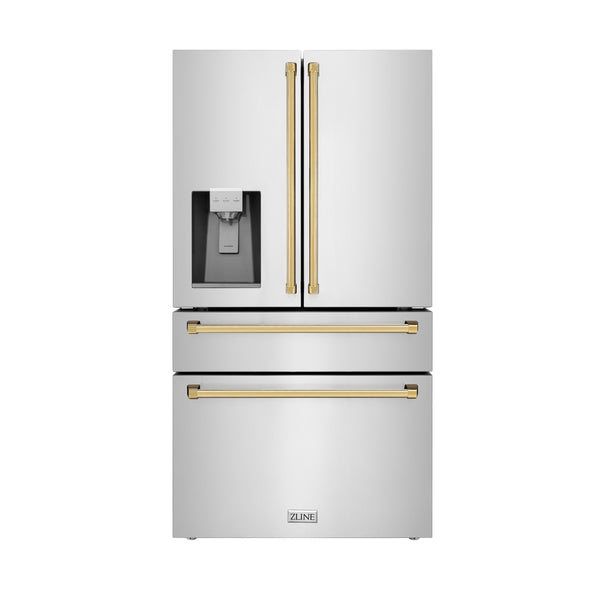 ZLINE KITCHEN & BATH Counter-Depth 21.6-cu ft 4 -Door French Door Refrigerator with Ice Maker with Water Dispenser ( Fingerprint Resistant Stainless Steel with Polished Gold accent Handles ) ENERGY STAR Certified