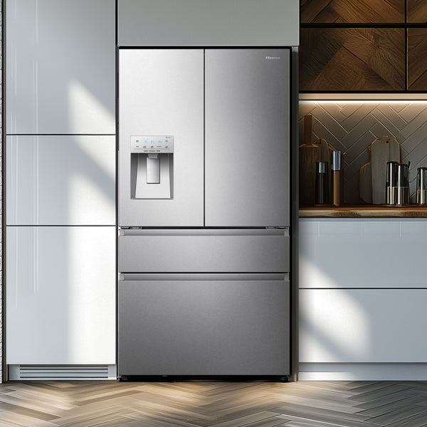 Hisense PureFlat Standard-Depth 25.6-cu ft 4 -Door Smart Compatible French Door Refrigerator with Ice Maker with Water and Ice Dispenser ( Stainless steel ) ENERGY STAR Certified