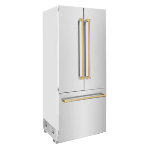 ZLINE KITCHEN & BATH Counter-Depth Autograph Edition 19.6-cu ft 3 -Door Built-In French Door Refrigerator with Ice Maker with Water Dispenser ( Stainless Steel with Champagne Bronze Handles ) ENERGY STAR Certified