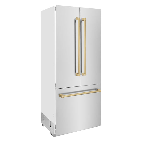 ZLINE KITCHEN & BATH Counter-Depth Autograph Edition 19.6-cu ft 3 -Door Built-In French Door Refrigerator with Ice Maker with Water Dispenser ( Stainless Steel with Champagne Bronze Handles ) ENERGY STAR Certified