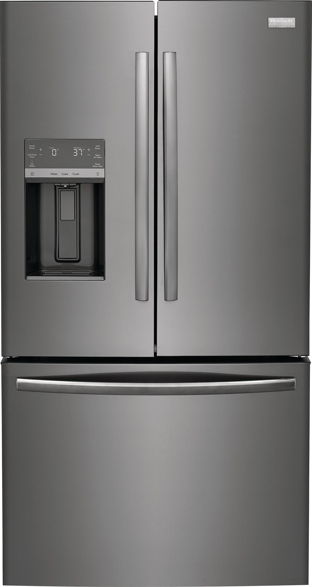 Frigidaire Gallery Standard-Depth 27.8-cu ft 3 -Door French Door Refrigerator with Dual Ice Maker with Water and Ice Dispenser ( Fingerprint Resistant Black Stainless Steel ) ENERGY STAR Certified