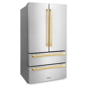 ZLINE KITCHEN & BATH Counter-Depth 21.6-cu ft 4 -Door French Door Refrigerator with Ice Maker with Ice Dispenser ( Stainless Steel with Flat Polished Gold Handle ) ENERGY STAR Certified