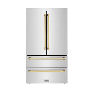 ZLINE KITCHEN & BATH Counter-Depth 22.5-cu ft 4 -Door French Door Refrigerator with Ice Maker with Ice Dispenser ( Stainless Steel w/ Polished Gold accent Handles ) ENERGY STAR Certified
