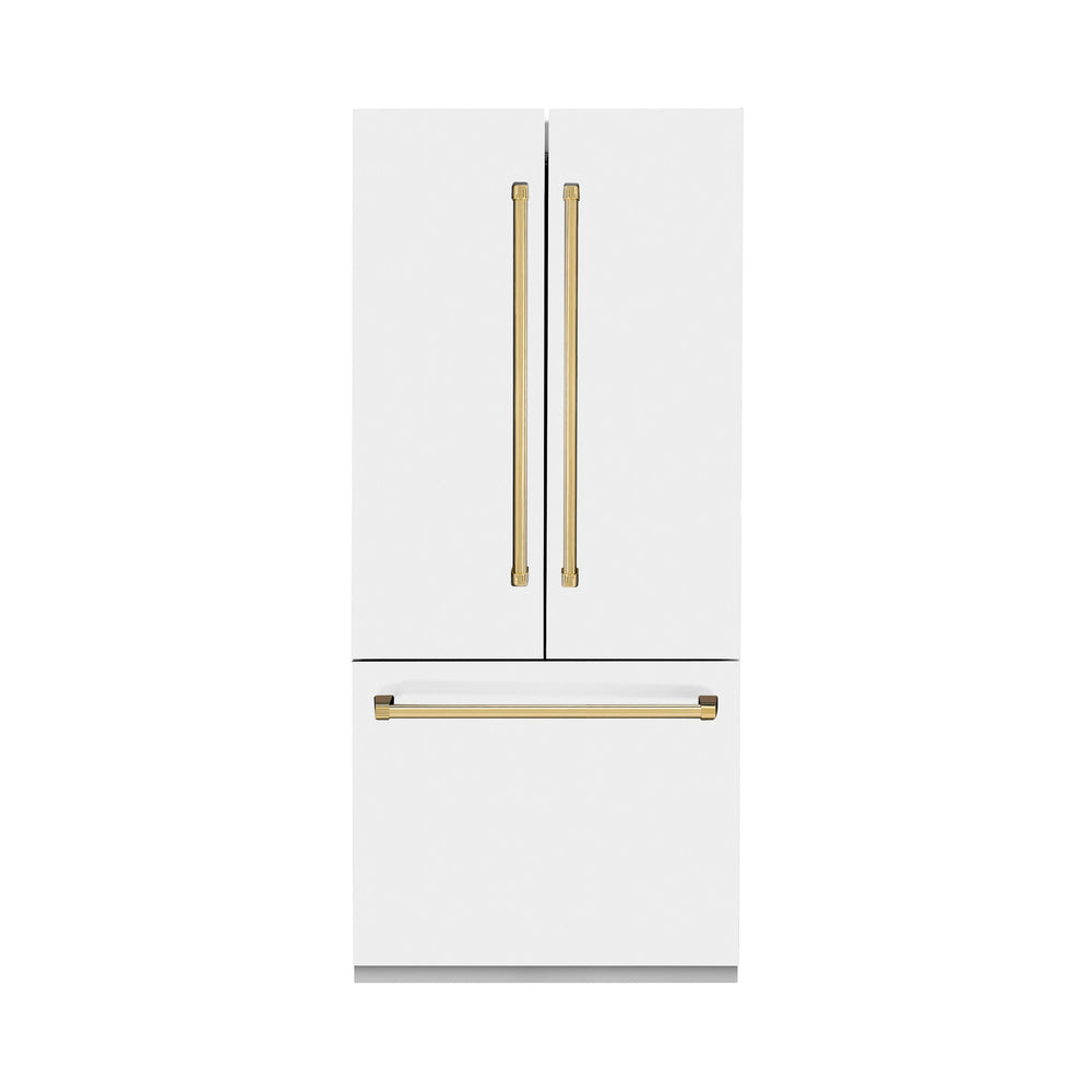ZLINE KITCHEN & BATH Counter-Depth 19.6-cu ft 3 -Door Built-In French Door Refrigerator with Ice Maker with Water Dispenser ( Stainless Steel with a White Matte door and Polished Gold Handle ) ENERGY STAR Certified