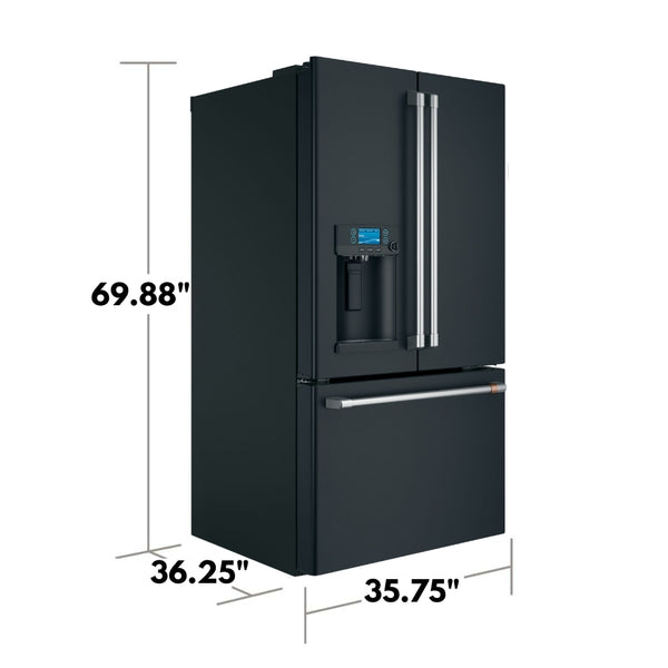 Cafe Standard-Depth 27.8-cu ft 3 -Door Smart Compatible French Door Refrigerator with Ice Maker with Water and Ice Dispenser ( Matte Black with Brushed Stainless Handles ) ENERGY STAR Certified
