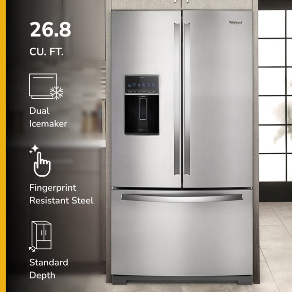 Whirlpool Standard-Depth 26.8-cu ft 3 -Door French Door Refrigerator with Dual Ice Maker with Water and Ice Dispenser ( Fingerprint Resistant Black Stainless ) ENERGY STAR Certified